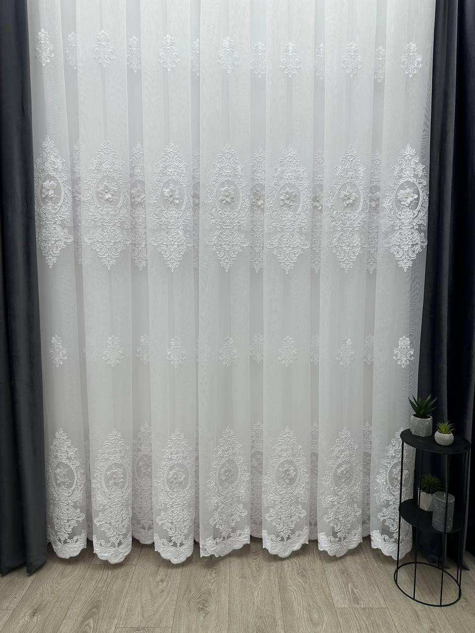 Тюль на бамбуковій основі з вишивкою, оксамитовими вставками,перлинами та 3D квітами. Колір: білий, фото 1