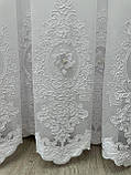 Тюль на бамбуковій основі з вишивкою, оксамитовими вставками,перлинами та 3D квітами. Колір: білий, фото 10