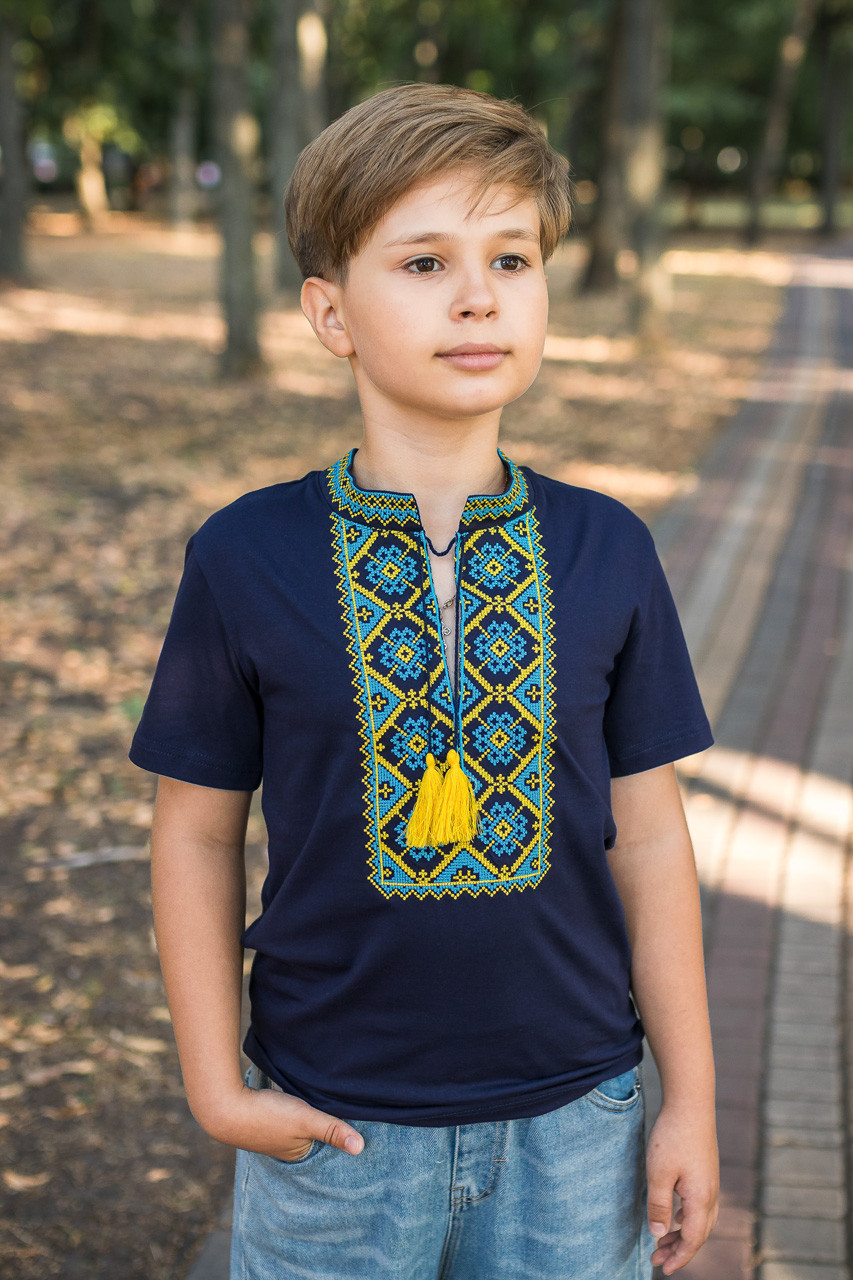 Вишиванка для хлопчика 2-16 років з коротким рукавом,134, Синій з жовтим, фото 1