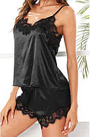 Атласний комплект для сну з мереживом у чорному кольорі