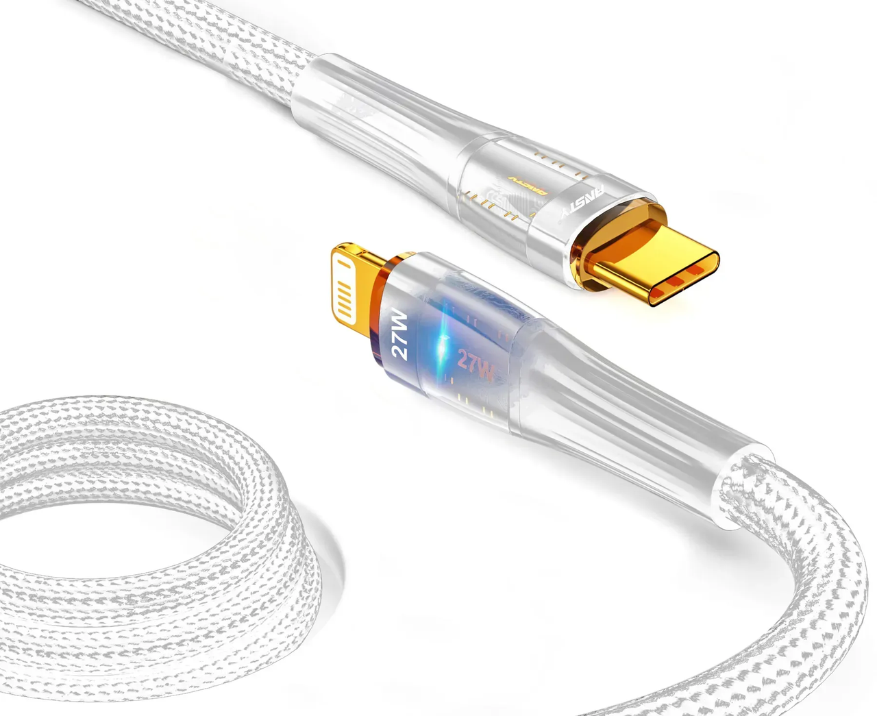 Кабель ANSTY S-053-PI Type-C to Lightning 27W 1M Nylon LED White, фото 1