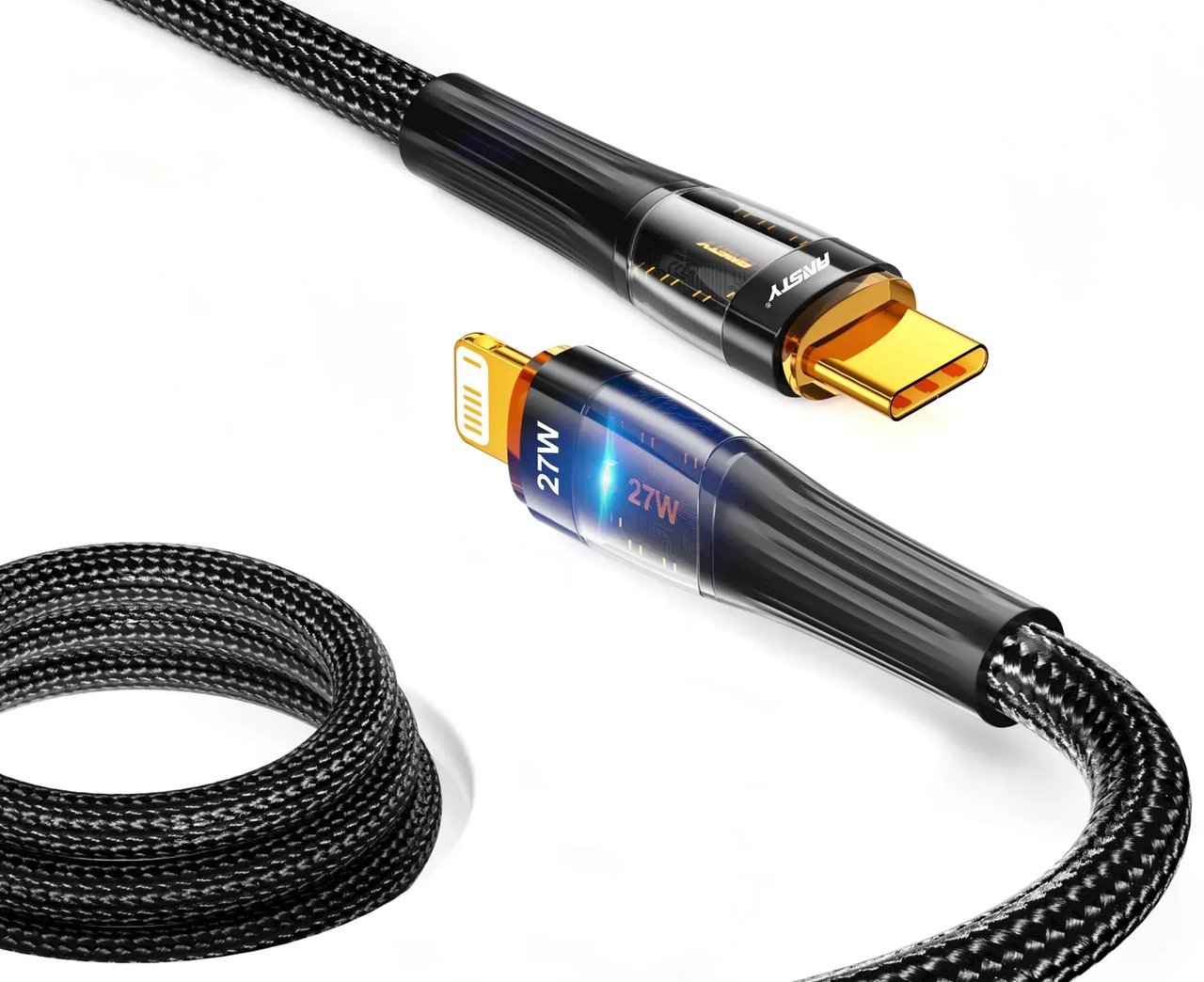 Кабель ANSTY S-053-PI Type-C to Lightning 27W 1M Nylon LED Black, фото 1
