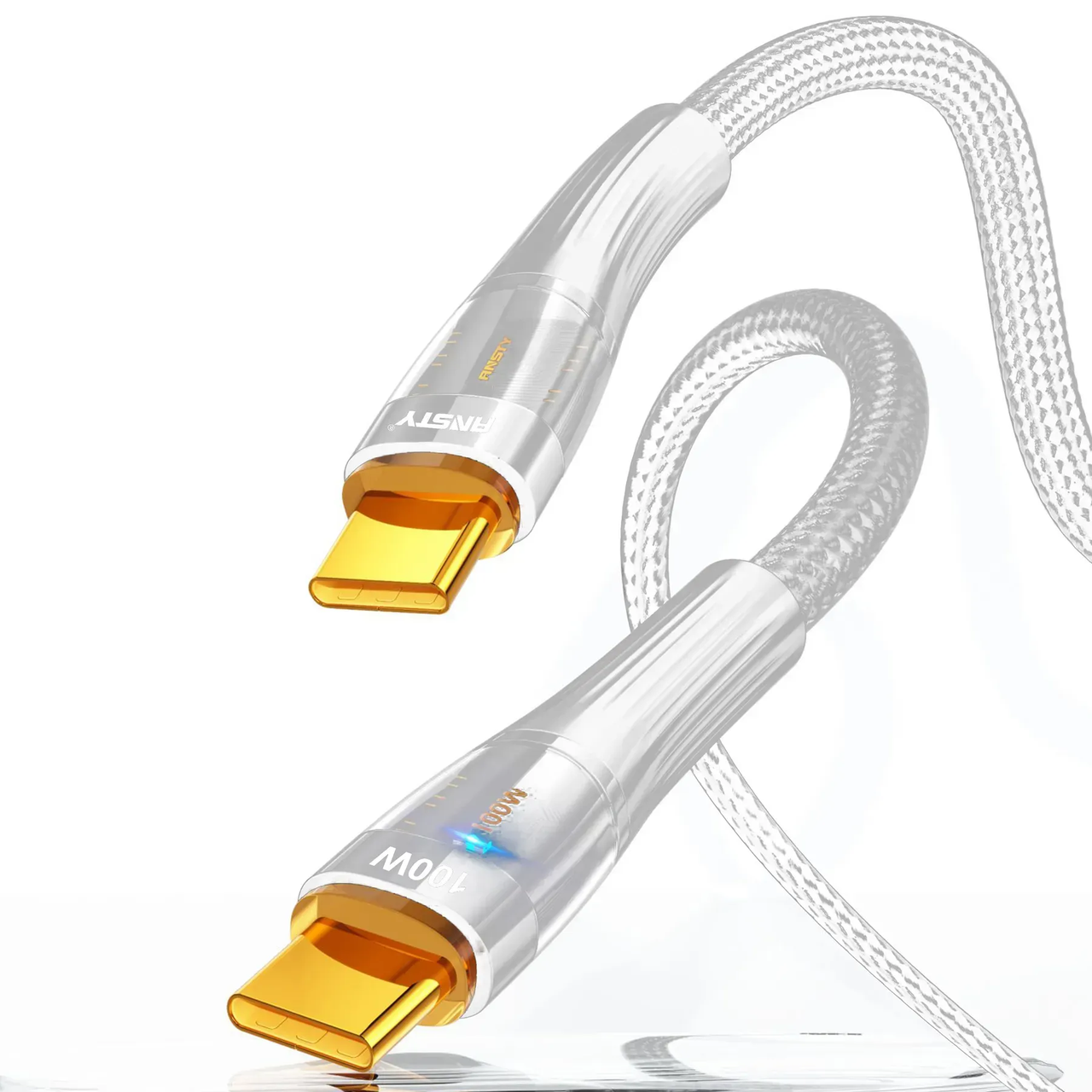 Кабель ANSTY S-053-PT Type-C to Type-C 100W 1M Nylon LED White, фото 1
