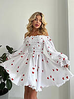 Женское нежное романтичное мини платье с сердечками муслин 100% хлопок