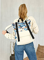 Женский рюкзак роллтоп с отделением под ноутбук SAMBAG Белый с принтом Blue flowers (6220301641)