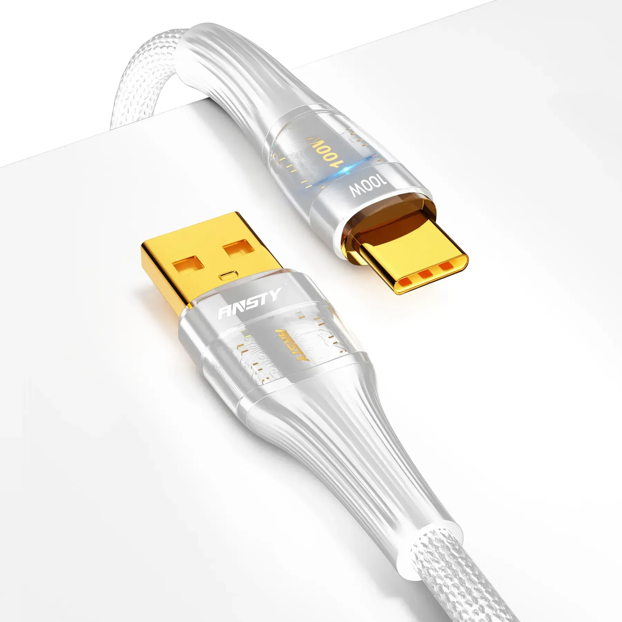 Кабель ANSTY S-053-T Type-C 100W 1M Nylon LED White, фото 1