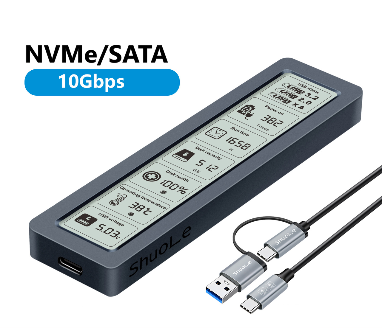 Зовнішня кишеня Shuole TNP26-P-10G для M.2 SSD NVMe (PCIe) / NGFF (Sata) USB 3.2 Type-C з дисплеєм, фото 1