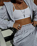 Костюм жіночий велюр спорт кофта укорочена з капюшоном на блискавці та штани 42-44 46-48 50-52 54-56, фото 2