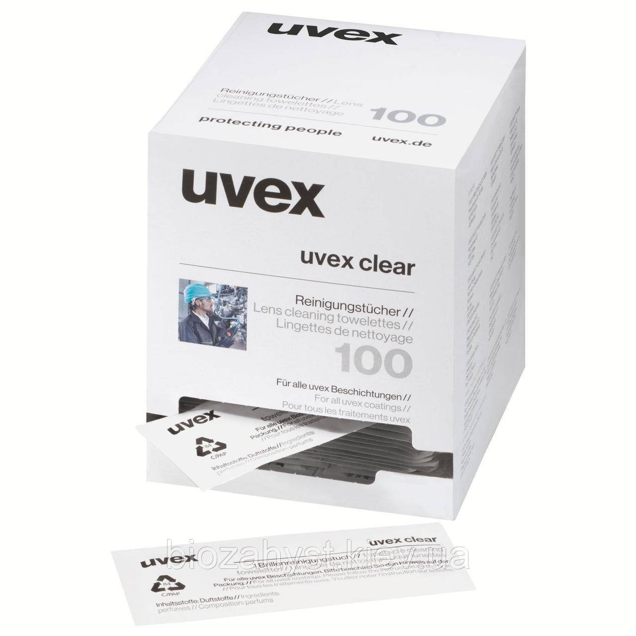 Серветки вологі Uvex Clear всіх видів захисних окулярів uvex 100 шт., фото 1