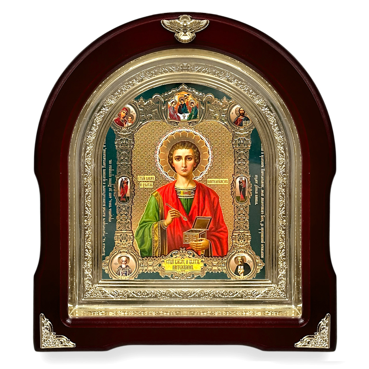 Ікона Свята Великочікува та цілитель Пантелеймон, лік 15х18 см, у темному дерев'яному кіоті, арка, фото 1