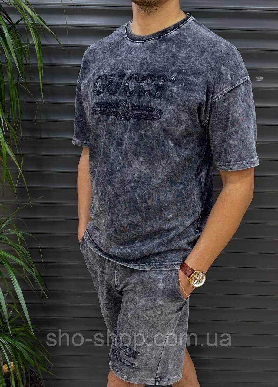 Костюм шорти + футболка GUCCI СІРИЙ Kitggn010 Мужской летний спортивный костюм Gucci Турция, фото 1