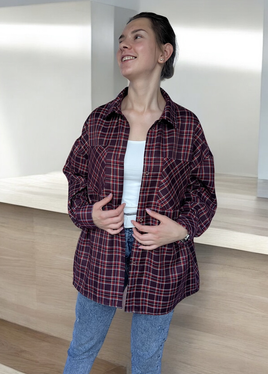 Жіноча сорочка в бордову клітинку оверсайз, фото 1
