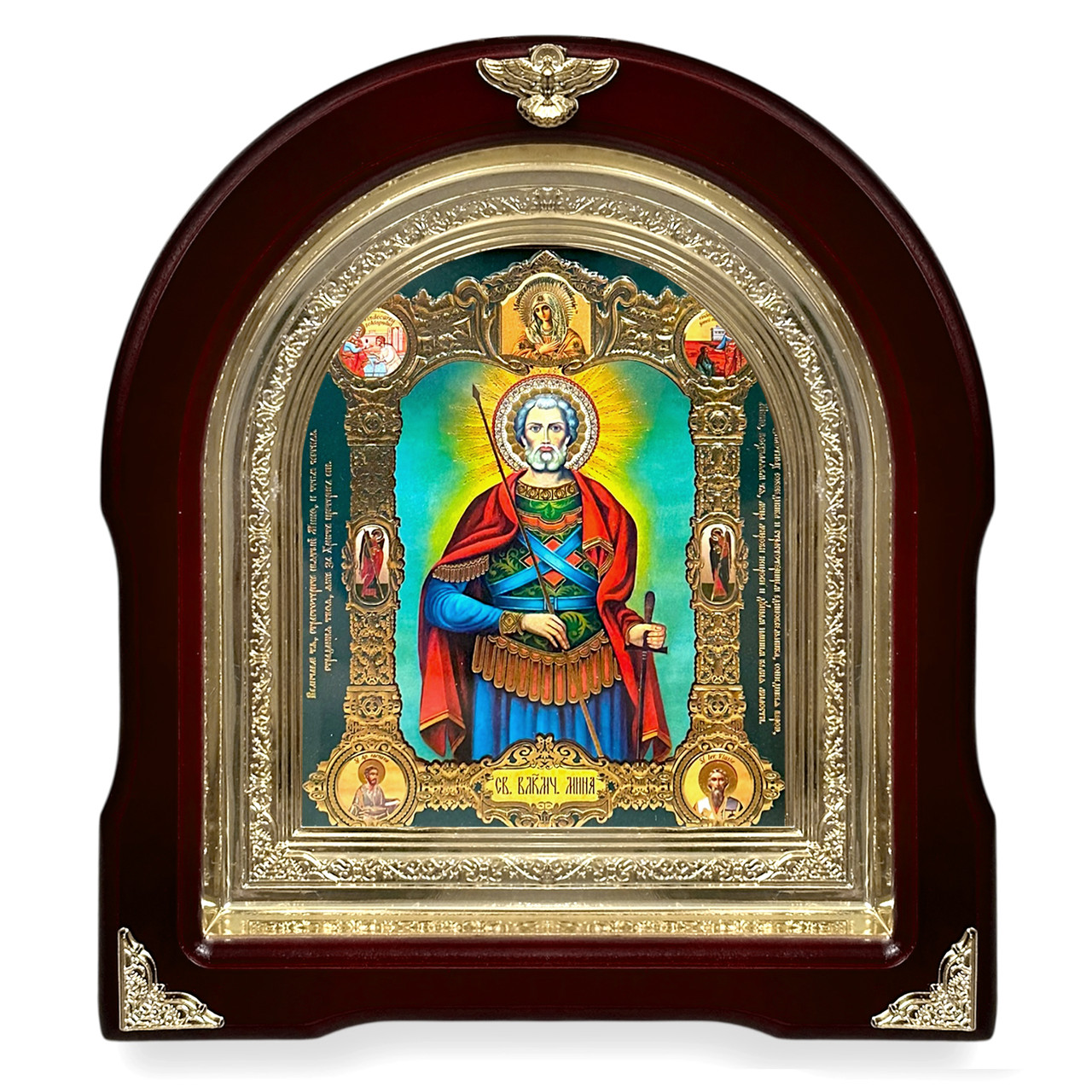 Ікона Святий Великоняник Міна, лік 15х18 см, у темному дерев'яному кіоті, арка, фото 1