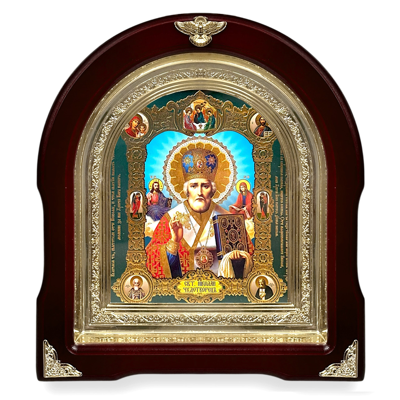 Ікона Свята Микола Чудотворець,
лік 15х18 см, у темному дерев'яному кіоті, арка, фото 1