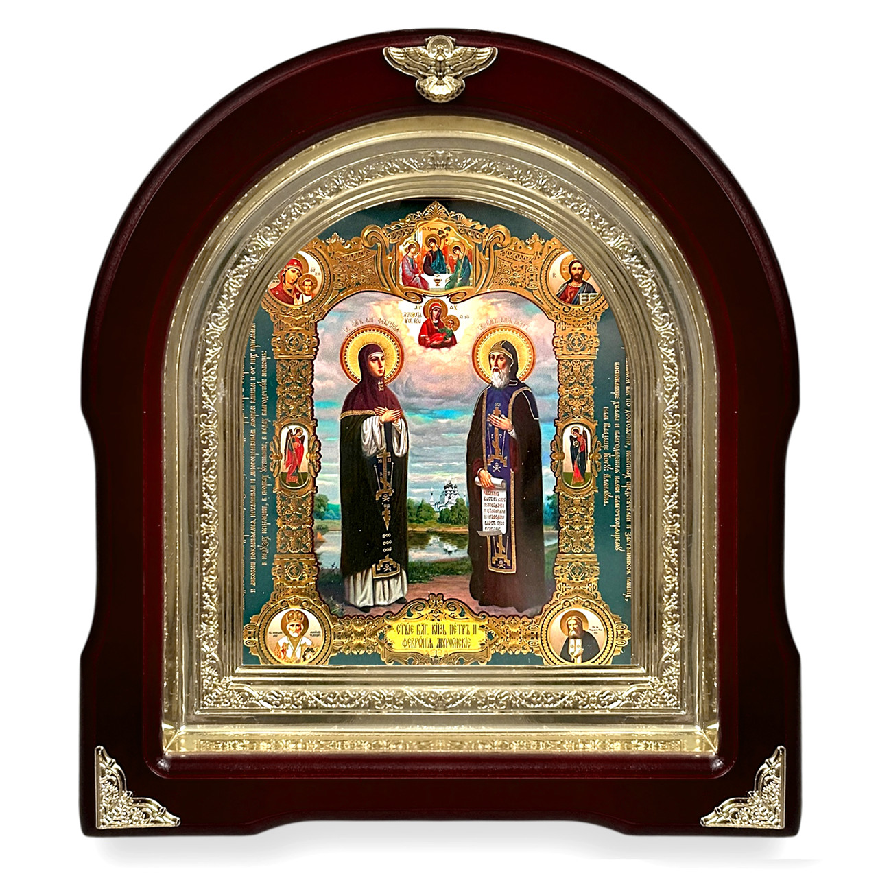 Ікона Святі благовірніад Петро та Февронія Муромські,
лік 15х18 см, у темному дерев'яному кіоті, арка, фото 1