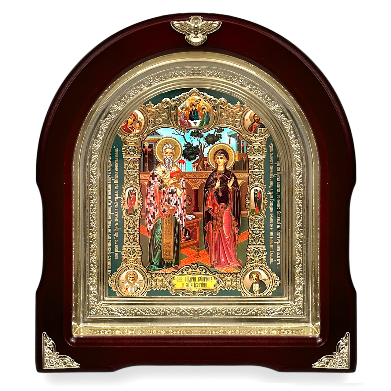 Ікона кипієн Священогонику та Мучениця Іустина, лік 15х18 см, у темному дерев'яному кіоті, арка, фото 1