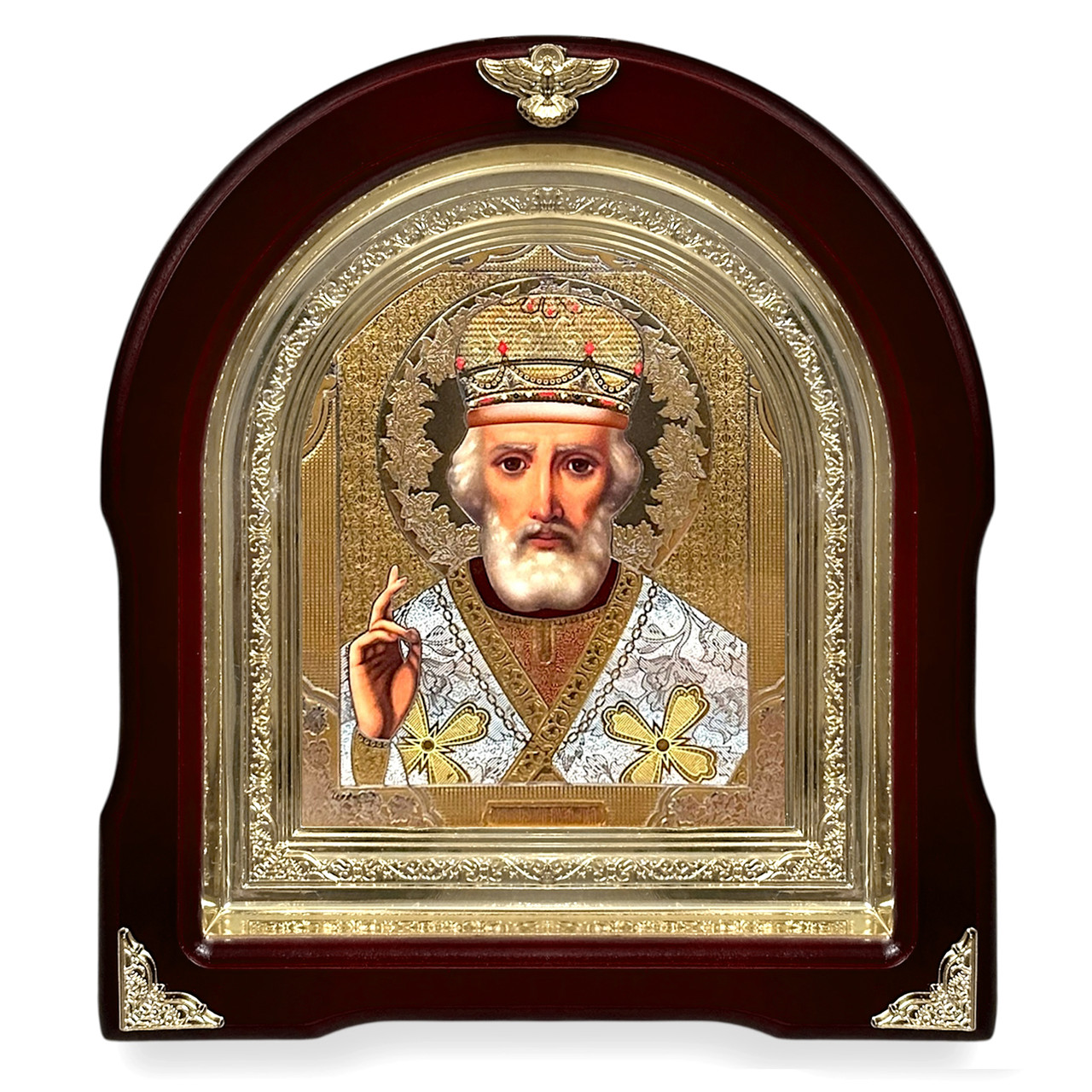 Ікона Свята Микола Чудотворець,
лік 15х18 см, у темному дерев'яному кіоті, арка, фото 1