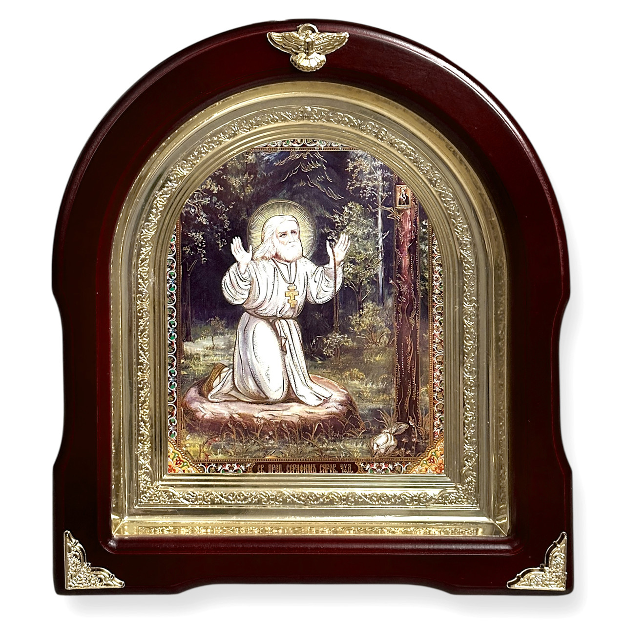 Ікона преподобний 495 Саровський, лік 15х18 см, у темному дерев'яному кіоті, арка, фото 1