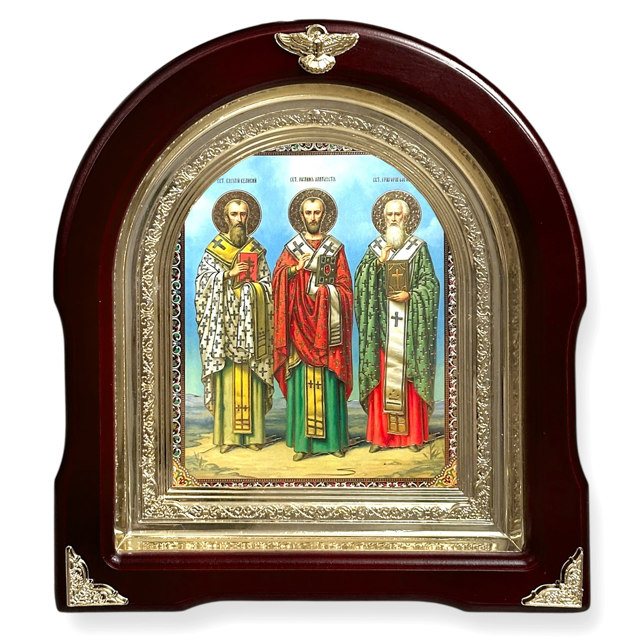 Ікона Василія Великого, Івана Златоуста, Григорій Богослова,
лік 15х18 см, у темному дерев'яному кіоті, арка, фото 1