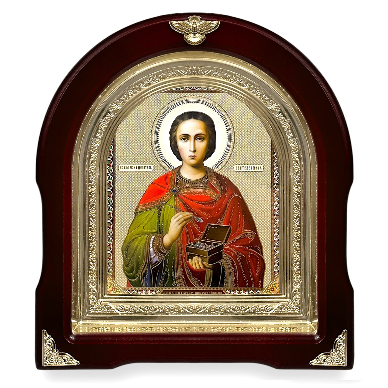 Ікона Свята Великочікува та цілитель Пантелеймон, лік 15х18 см, у темному дерев'яному кіоті, арка, фото 1