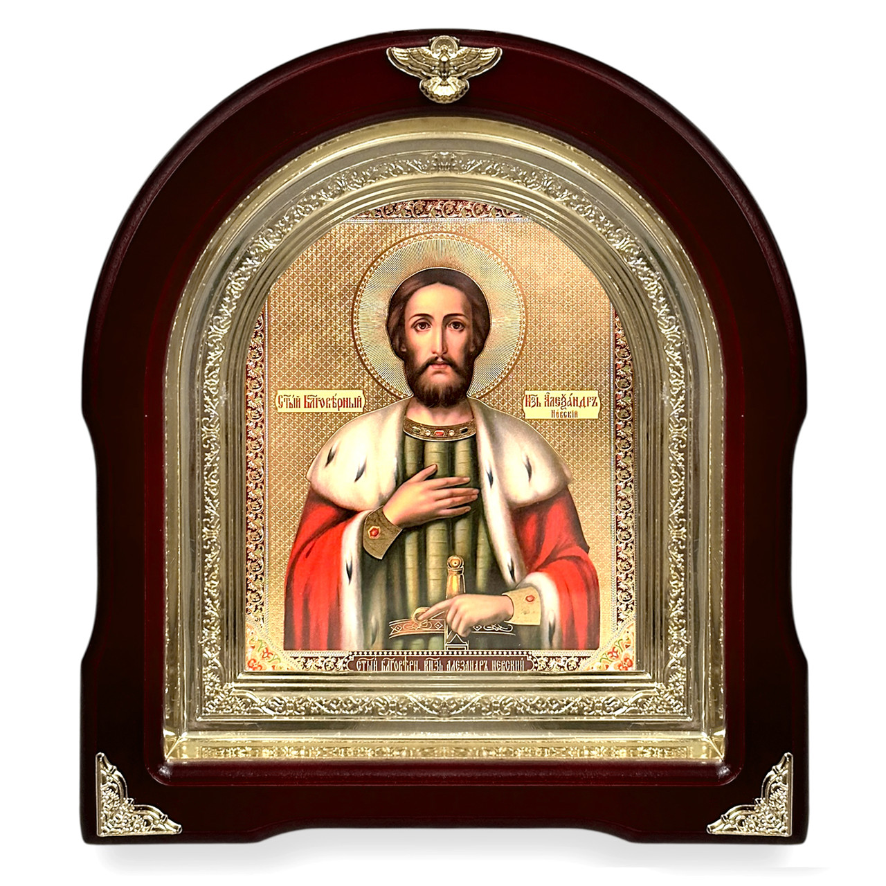 Ікона Свята пахощівний кухня Олександр Невський, лік 15х18 см, у темному дерев'яному кіоті, арка, фото 1