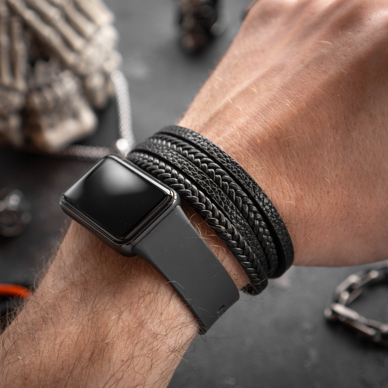 Браслет чоловічий шкіряний TAFGAY T2 чорний на застібці 17-19 см (довжина 21 см), фото 1