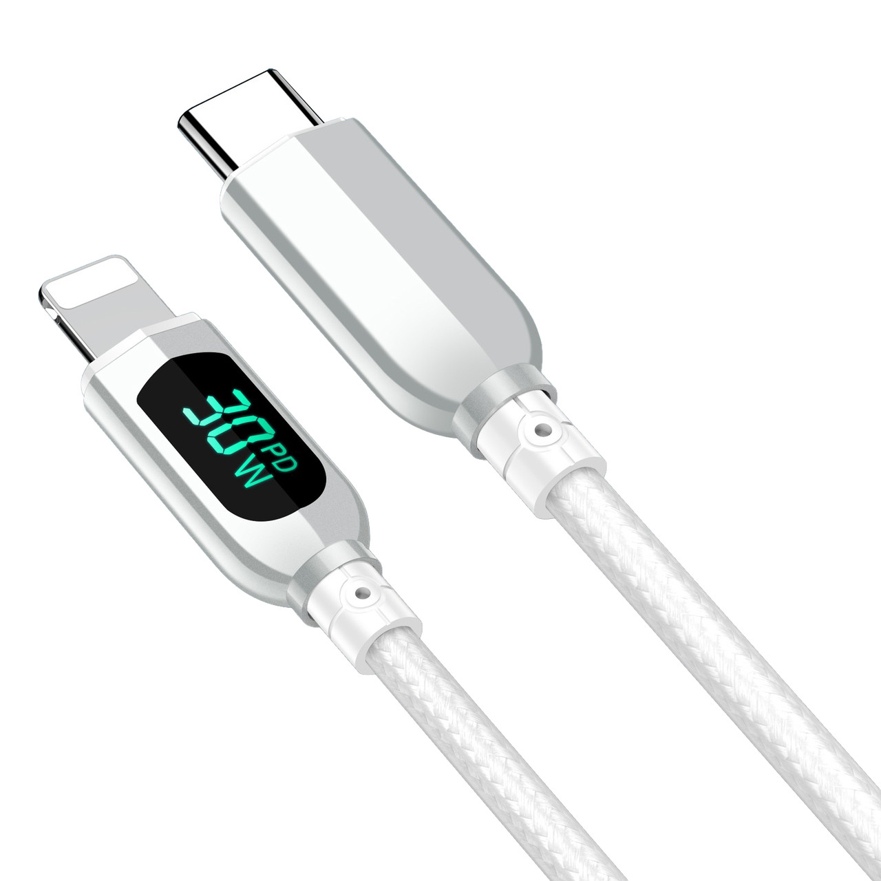 Кабель ANSTY S-028 Type-C to Lightning Nylon LED Display 30W 1M White, фото 1