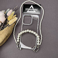 Чохол для iPhone 15 Pro Max прозорий із подвійним перловим ланцюжком протиударний із бусами