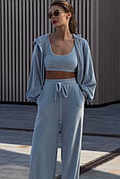 Костюм-трійка жіночий велюровий оверсайз кофта на блискавці з капюшоном + штани + топ 42-46