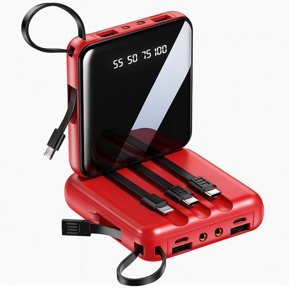 Мініповербанк 10000 mAh JM001 червоний з 4 кабелями 2хUSB зовнішній акумулятор з ліхтариком зручний і компактний, фото 1