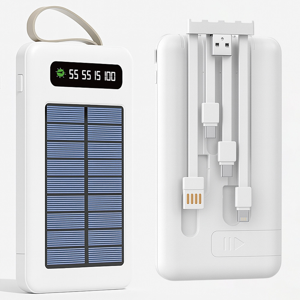 Power Bank із сонячною панеллю 10000 мА·год білий портативний зарядний пристрій із 4 перехідниками для ґаджетів, фото 1