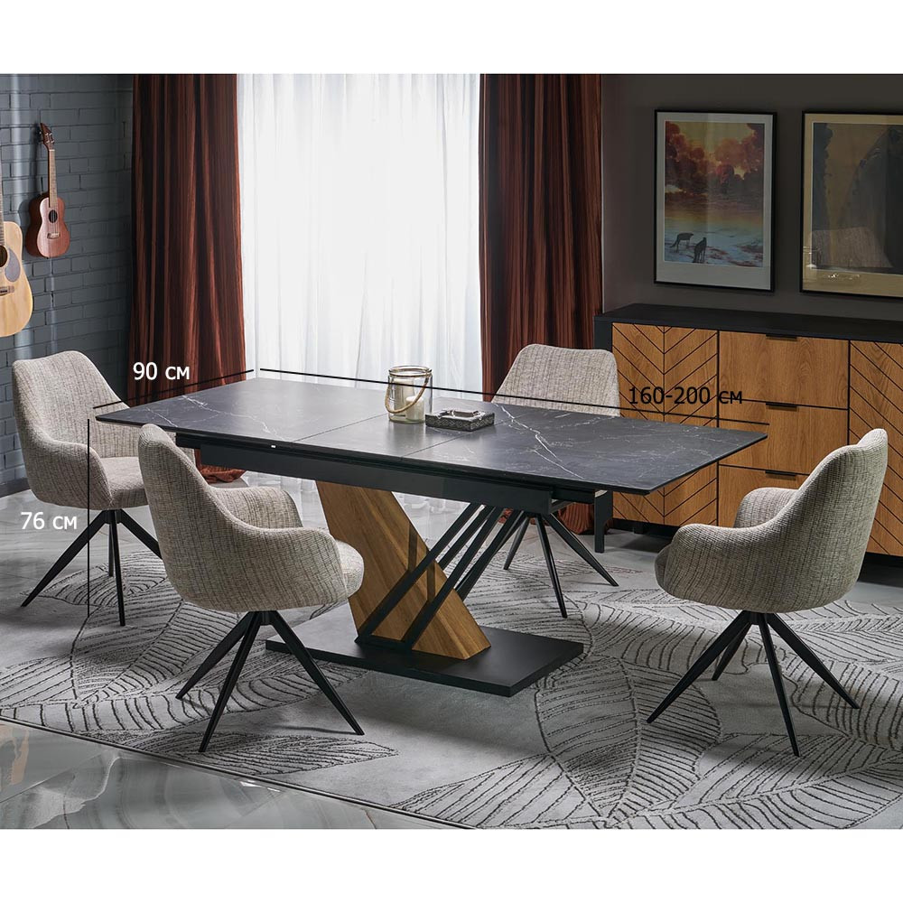 Стіл обідній із 4 стільцями комплект Volant 160-200х90 см під чорний мармур із бежевими поворотними стільцями, фото 1