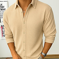 Рубашка бежевая мужская с длинным рукавом в рубчик повседневная на пуговицах однотонная с отложным воротником