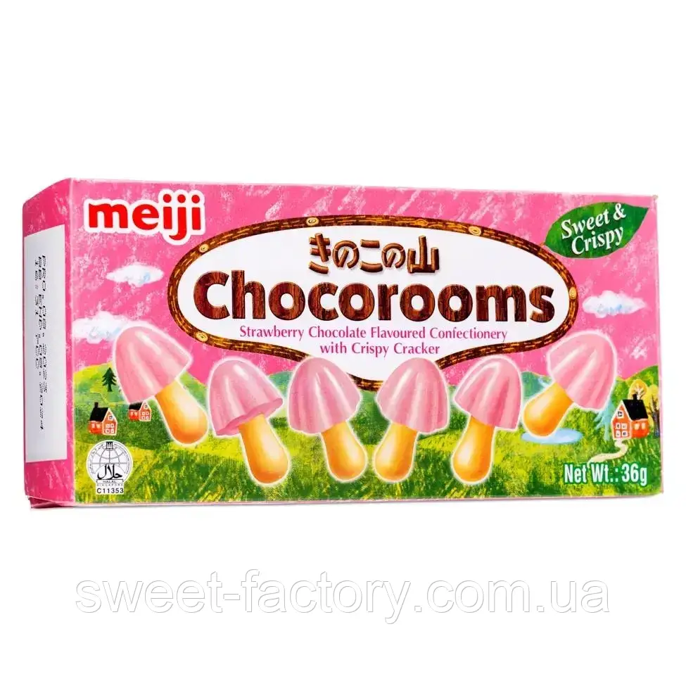 Печиво Meiji Chocorooms Strawberry Chocolate & Crispy Cracker 36g, фото 1