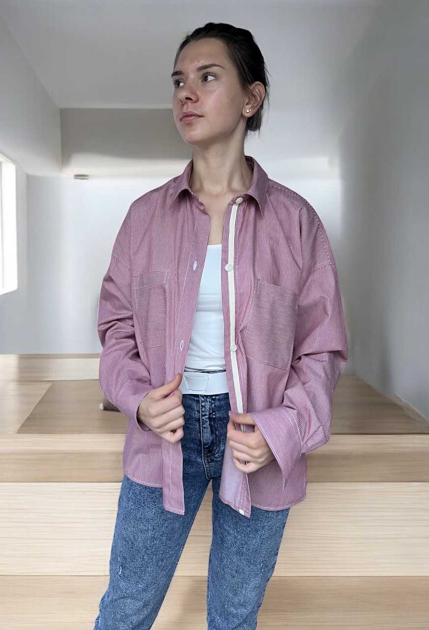 Жіноча сорочка оверсайз в червону полоску, фото 1