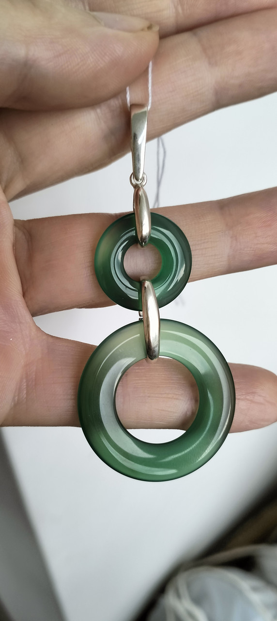 Круглий срібний кулон із зеленим агатом, фото 1