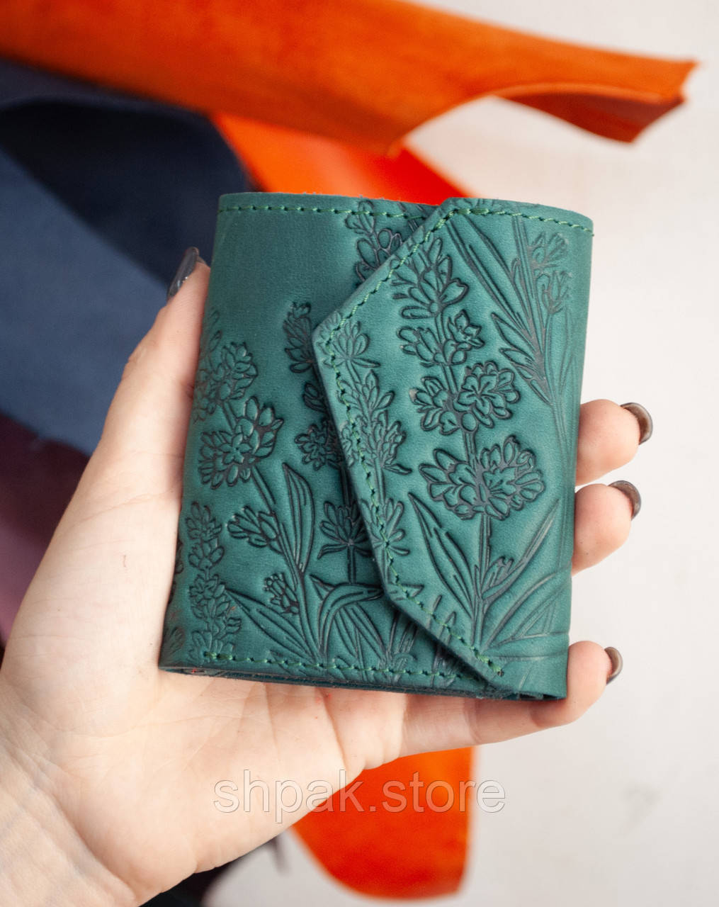 Маленький жіночий гаманець з тисненням Лаванда темно-бірюзовий, фото 1