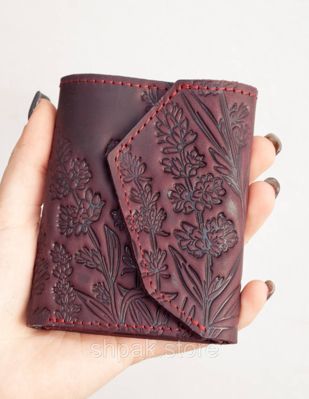 Маленький жіночий гаманець з тисненням Лаванда бордовий Марсала, фото 1