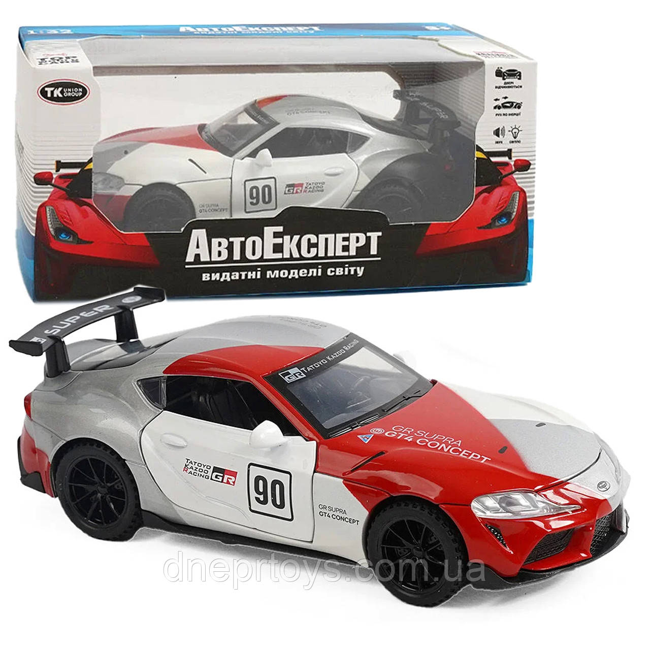 Машинка Toyota GR Supra GT4 Concept біло-червона Тойота 1:32 світло звук інерція відч двері баг капот 15*7*4,5см (21423), фото 1