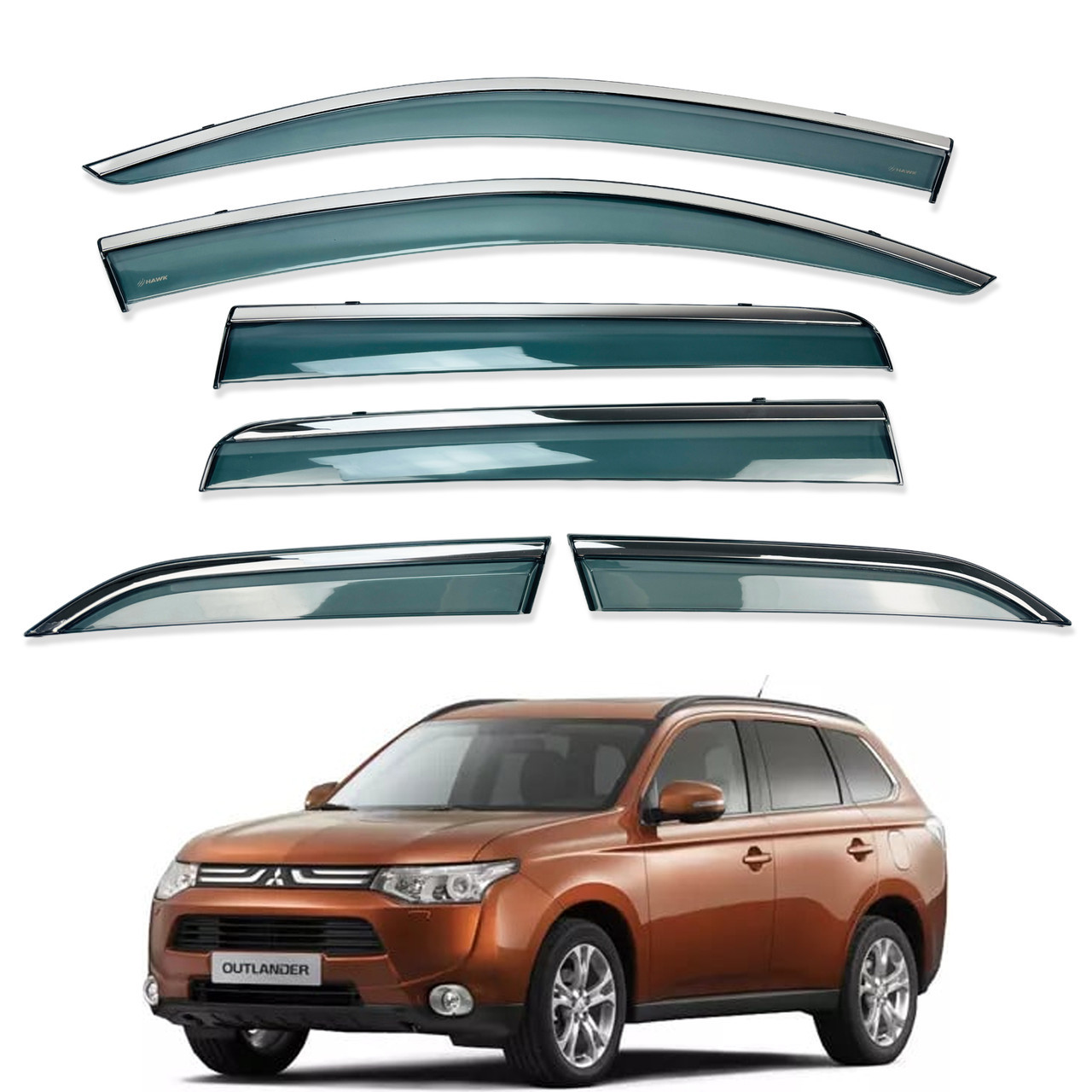 Вітровики для Mitsubishi Outlander 2012-2020 6шт. з нерж. хром полоскою (HAWK), фото 1