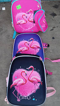 Рюкзак рожевий шкільний міський з пеналом і щільною спинкою принт Фламінго Lju