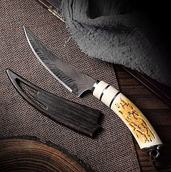 Ніж для обвалки з гострим вигнутим лезом для кухні Висока твердість кування Ніж із дамаської текстури Гострий ніж для фруктів