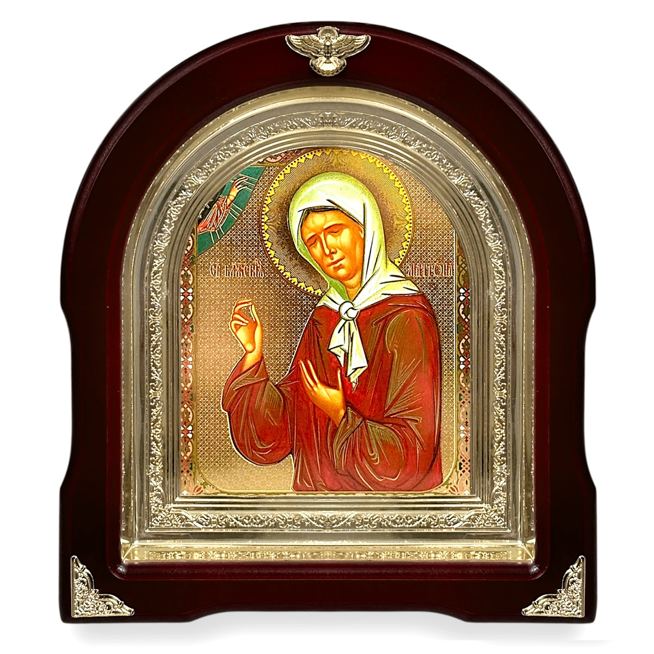 Ікона Свята Блаженна Матрона Московська, лік 15х18 см, у темному дерев'яному кіоті, арка, фото 1