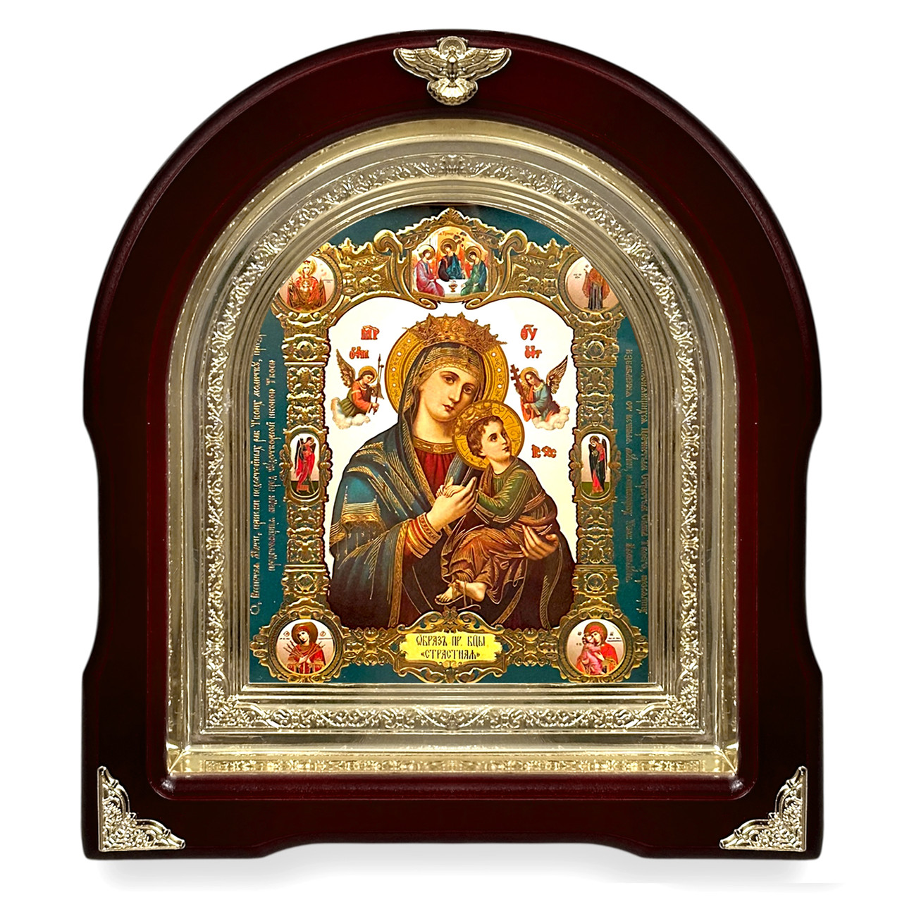 Ікона Пресвята Богородіца Пристрасна, лік 15х18 см, у темному дерев'яному кіоті, арка, фото 1
