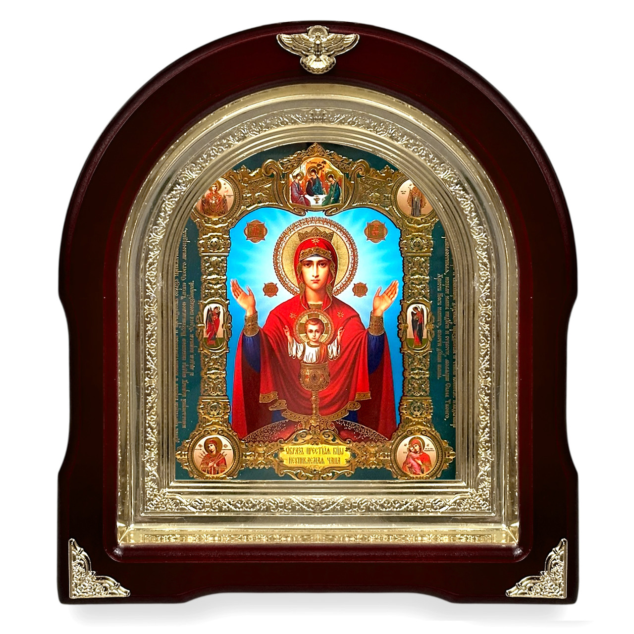 Ікона Пресвята Богородиця Незапальна Чаша, лік 15х18 см, у темному дерев'яному кіоті, арка, фото 1