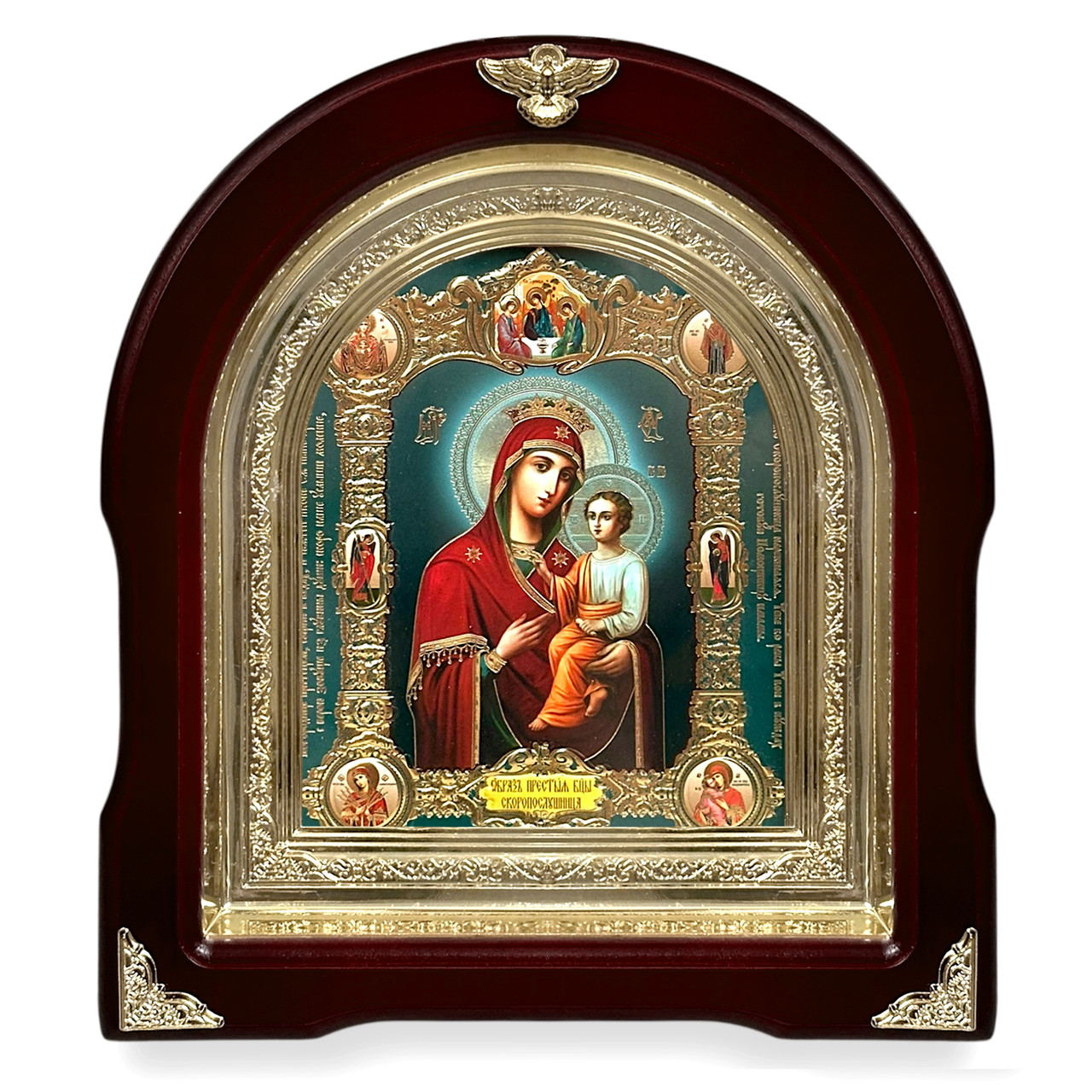 Ікона Пресвятої Богородиці швидкослухнянниця, лік 15х18 см, у темному дерев'яному кіоті, арка, фото 1