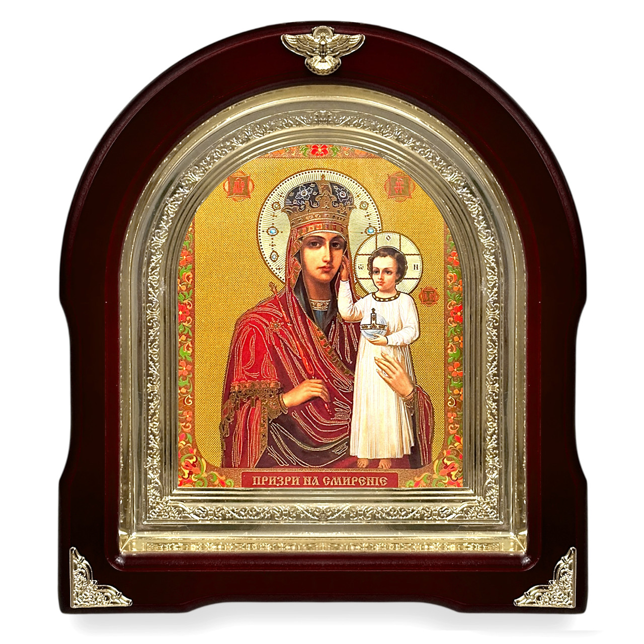 Ікона Пресвята Богородиця Привиди накрок 15х18 см, у темному дерев'яному кіоті, арка, фото 1