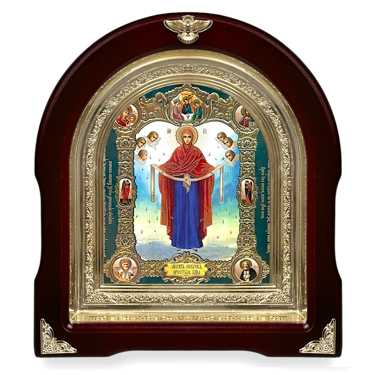 Ікона Покров Пресвятої Богородиці, лік 15х18 см, у темному дерев'яному кіоті, арка, фото 1