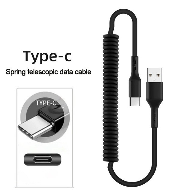 Кабель USB - Type-C спіральний (пружина) 1 метр чорний