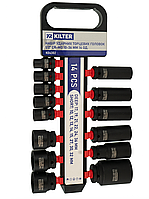 Набір ударних торцевих головок 1/2" короткі+довгі (10-36 мм) CR-MO на холдері 14 од. KILTER K04302